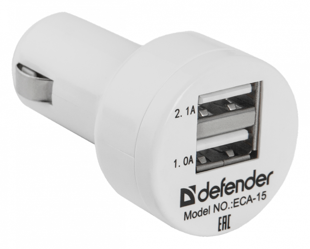 Автомобильное зарядное устройство Defender ECA-15, 2 порта USB, 5V/2,1A + 1A, белый