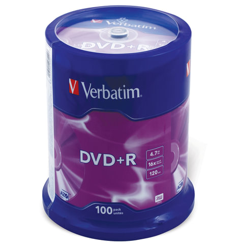 Диск DVD+R Verbatim 4.7Gb 16x Cake Box (100шт), 43551