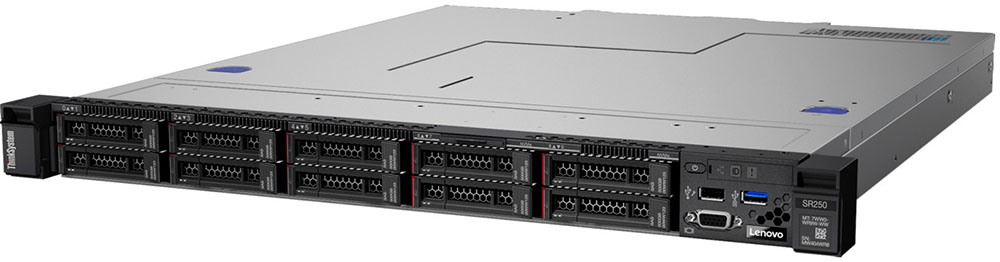 Сервер Lenovo ThinkSystem SR250 Rack 1U,Xeon E-2224 4C (3.4GHz/8MB/71W),1x16GB/2666/1R/UDIMM,noHDD(upto 8/10 SFF),SW RAID,2xGbE,noPCi riser,450W,2.8m 