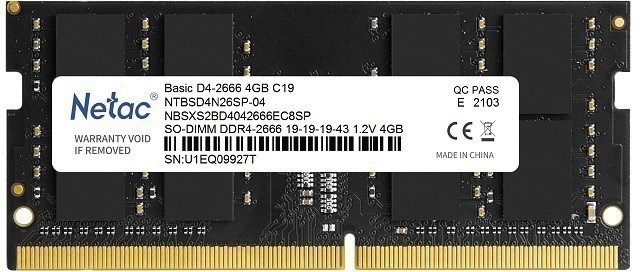 Оперативная память Netac Basic SODIMM 4GB DDR4-2666 (PC4-21300) C19 19-19-19-43 1.2V Memory module