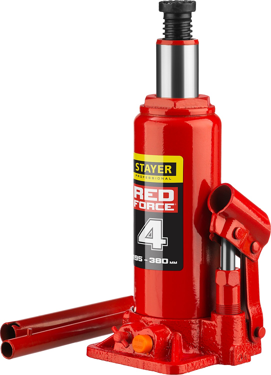Домкрат гидравлический бутылочный "RED FORCE", 4т, 195-380 мм, в кейсе, STAYER 43160-4-K