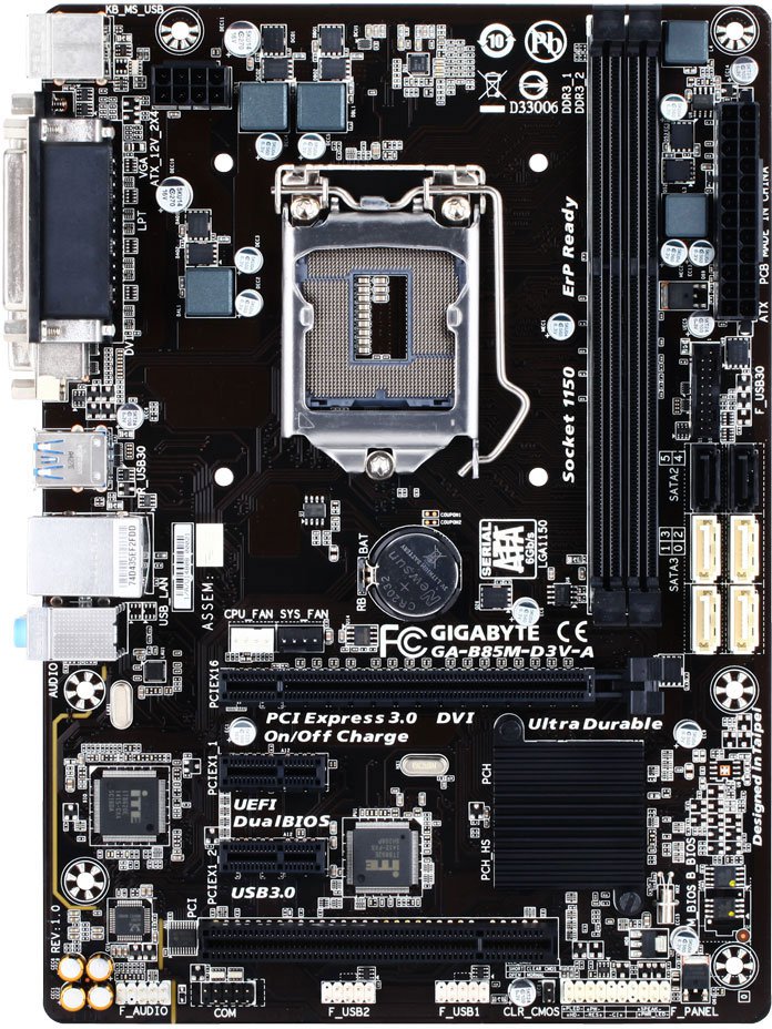 Материнская плата Gigabyte GA-B85M-D3V-A (Socket 1150, Intel B85, 2xDDR3, 7.1CH, 1000 Мбит/с, USB3.0, D-Sub, DVI, LPT, mATX, Retail)