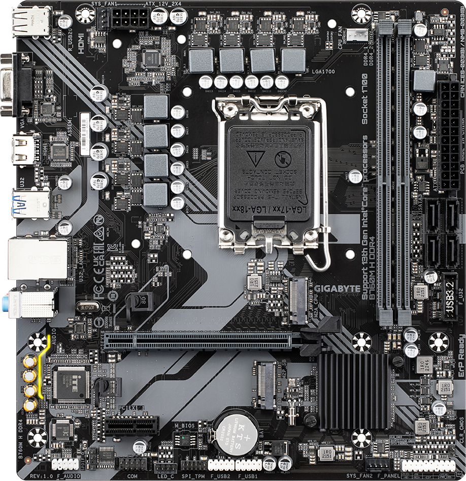 Материнская плата GIGABYTE B760M H DDR4, LGA1700, B760, 2*DDR4, D-Sub+HDMI,  4 SATA 6 Гб/с, M2, Audio, Gb LAN, USB 3.2, USB 2.0, Type-C, COM*1 port, m