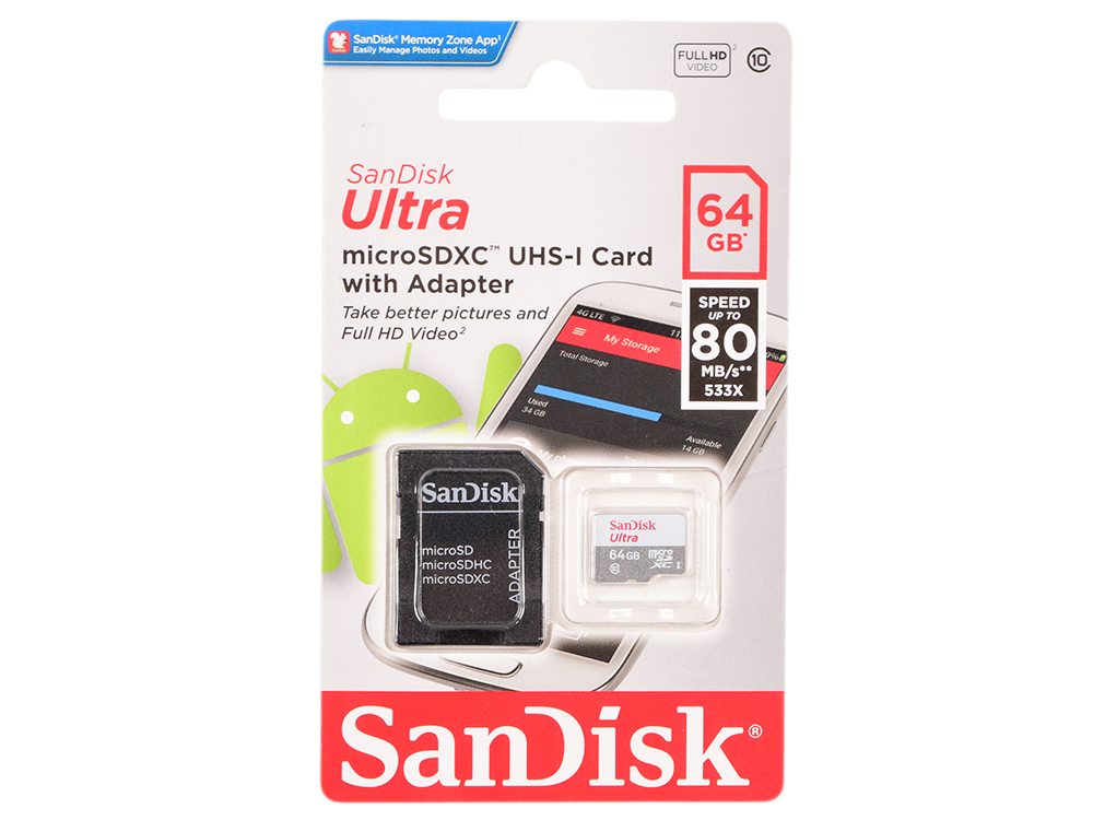Флеш карта microSD 64GB SanDisk microSDXC Class 10 Ultra Android (SD адаптер) 80MB/s